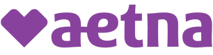 Logo for Aetna, featuring the company's name in purple with a heart symbol integrated into the design.