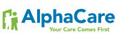 Logo for AlphaCare, featuring a green figure of a person with the company name 'AlphaCare' in blue and the tagline 'Your Care Comes First'.
