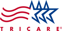 Logo for TRICARE, featuring a red and blue wave design with the company name in bold text.